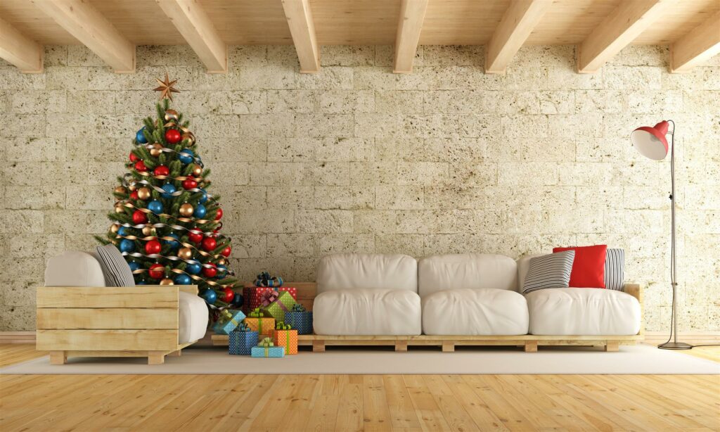 christmas living room with pallet sofa