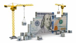 D Illustration Of Two Cranes Building Dollars