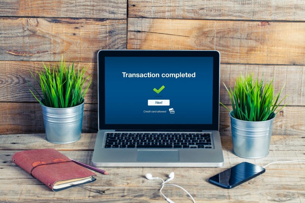 Transaction completed notification in a laptop screen
