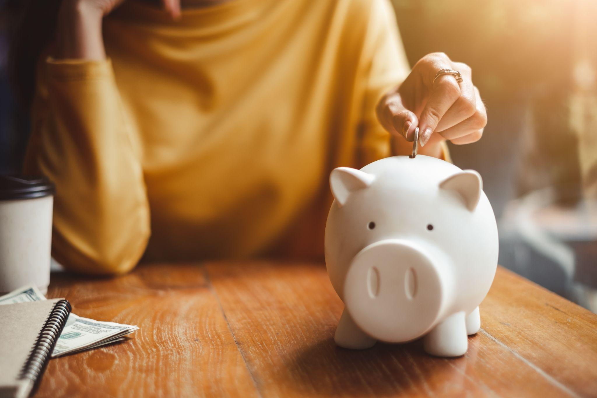 woman hand putting money into piggy for saving money wealth and financial concept.