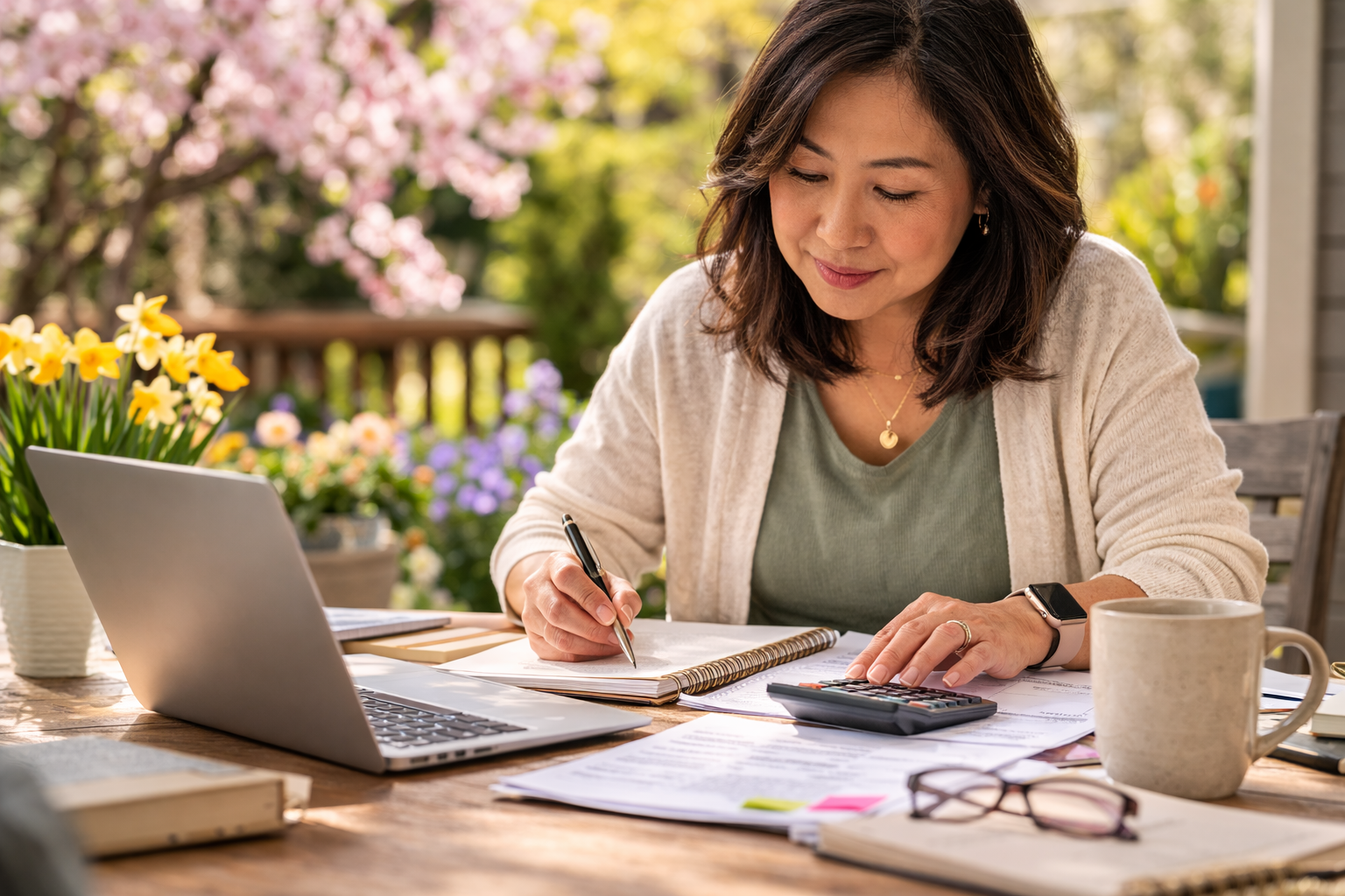 A woman working on her finances with a spring scene behind her